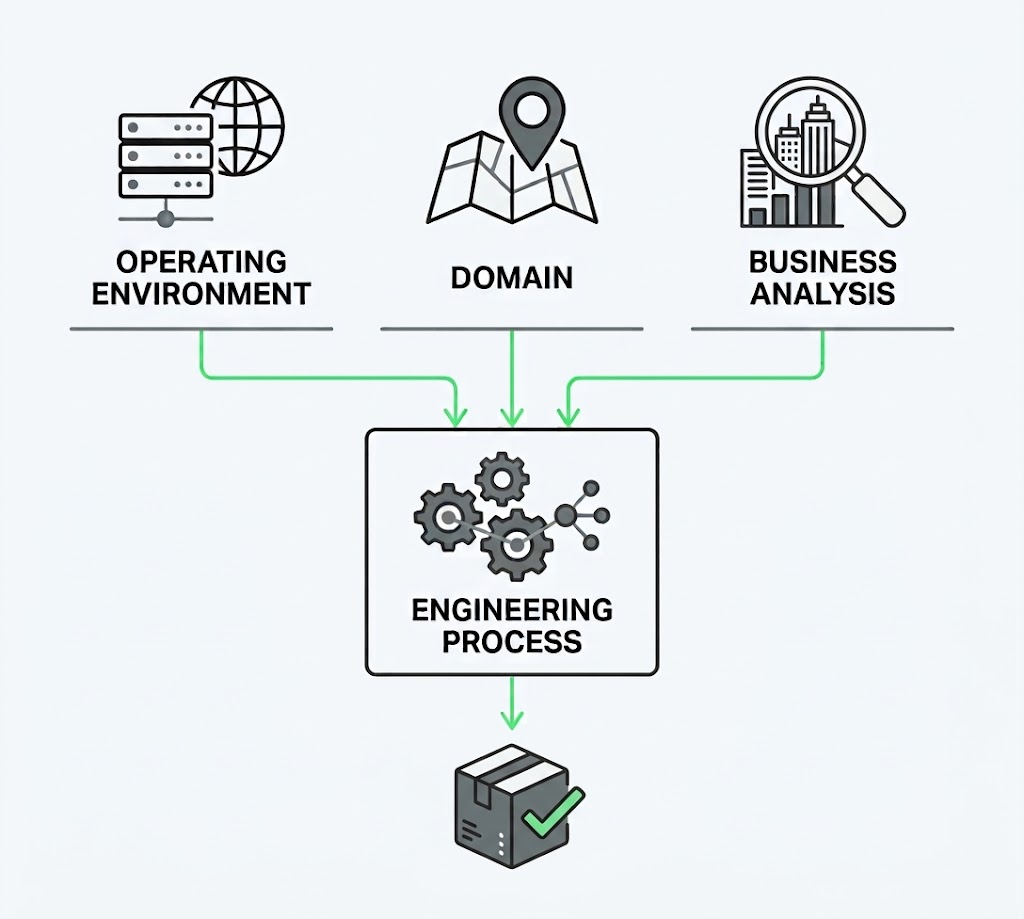 Operating environment, domain and business analysis feeding an engineering process that produces an aligned outcome.